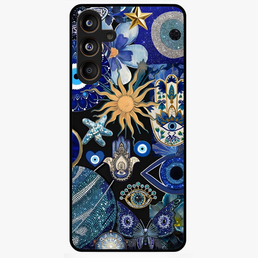 Evil Eye Charm Mix Glass Case showing flat back view with multiple evil eye charms artwork and glossy glass finish.