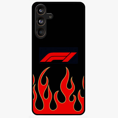 Fire F11 Glass Case showing flat back view with fiery themed artwork and glossy glass finish.