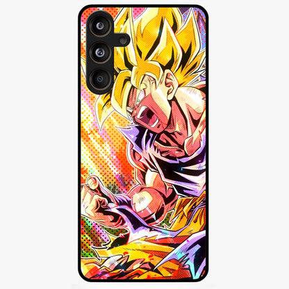 Firing Goku Glass Case showing flat back view with powerful anime inspired artwork and glossy glass finish.