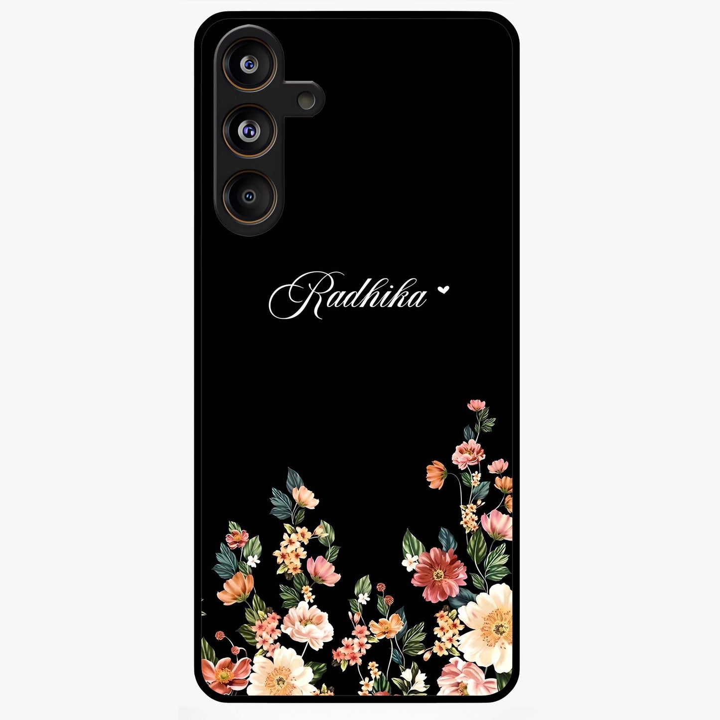 Floral Design With a Custom Personalized Name Glass Case showing flat back view with floral artwork and personalized name design.