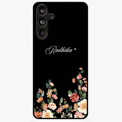 Floral Design With a Custom Personalized Name Glass Case showing flat back view with floral artwork and personalized name design.