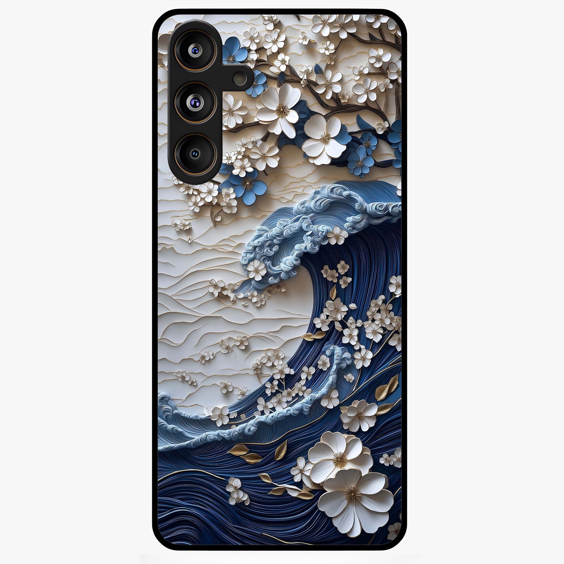 Floral Wave Origami Glass Case showing flat back view with origami inspired floral wave artwork and glossy glass finish.