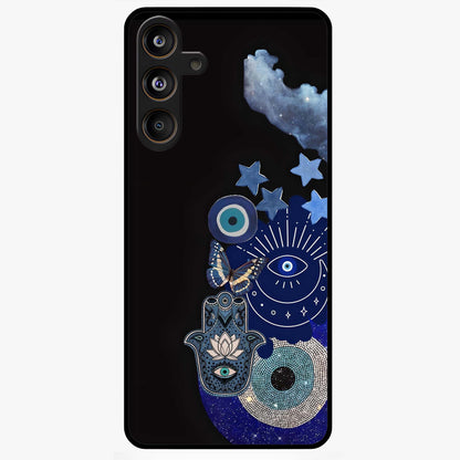 Galactic Charm Cluster Glass Case showing flat back view with glowing celestial charm artwork and glossy glass finish.