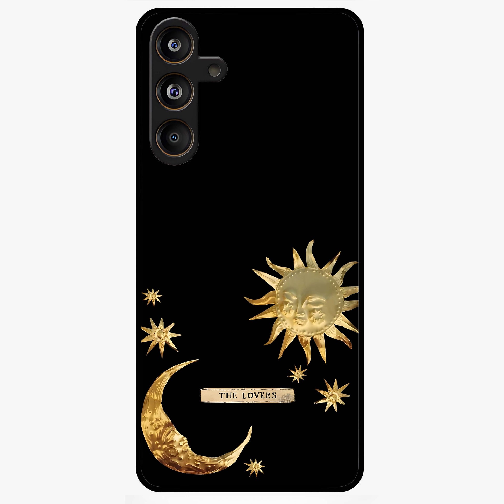 Golden Celestial Charm Glass Case showing flat back view with golden celestial charm artwork and glossy glass finish.