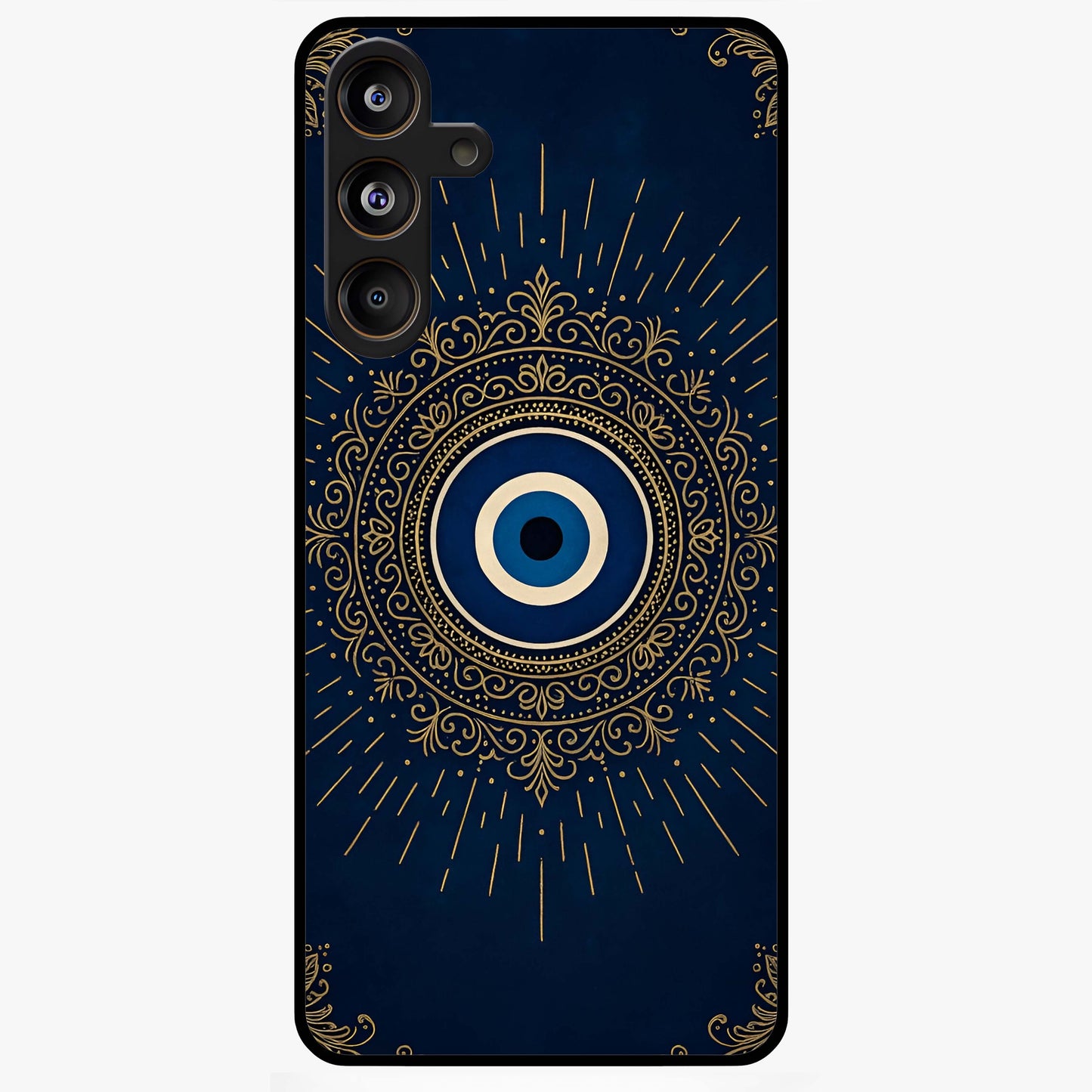 Golden Evil Eye Mandala Glass Case showing flat back view with intricate evil eye mandala artwork and glossy glass finish.
