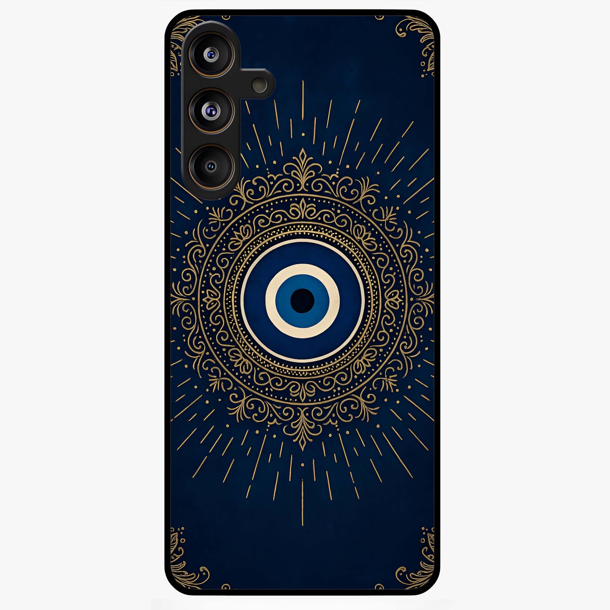 Golden Evil Eye Mandala Glass Case showing flat back view with intricate evil eye mandala artwork and glossy glass finish.