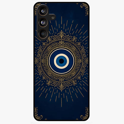 Golden Evil Eye Mandala Glass Case showing flat back view with intricate evil eye mandala artwork and glossy glass finish.