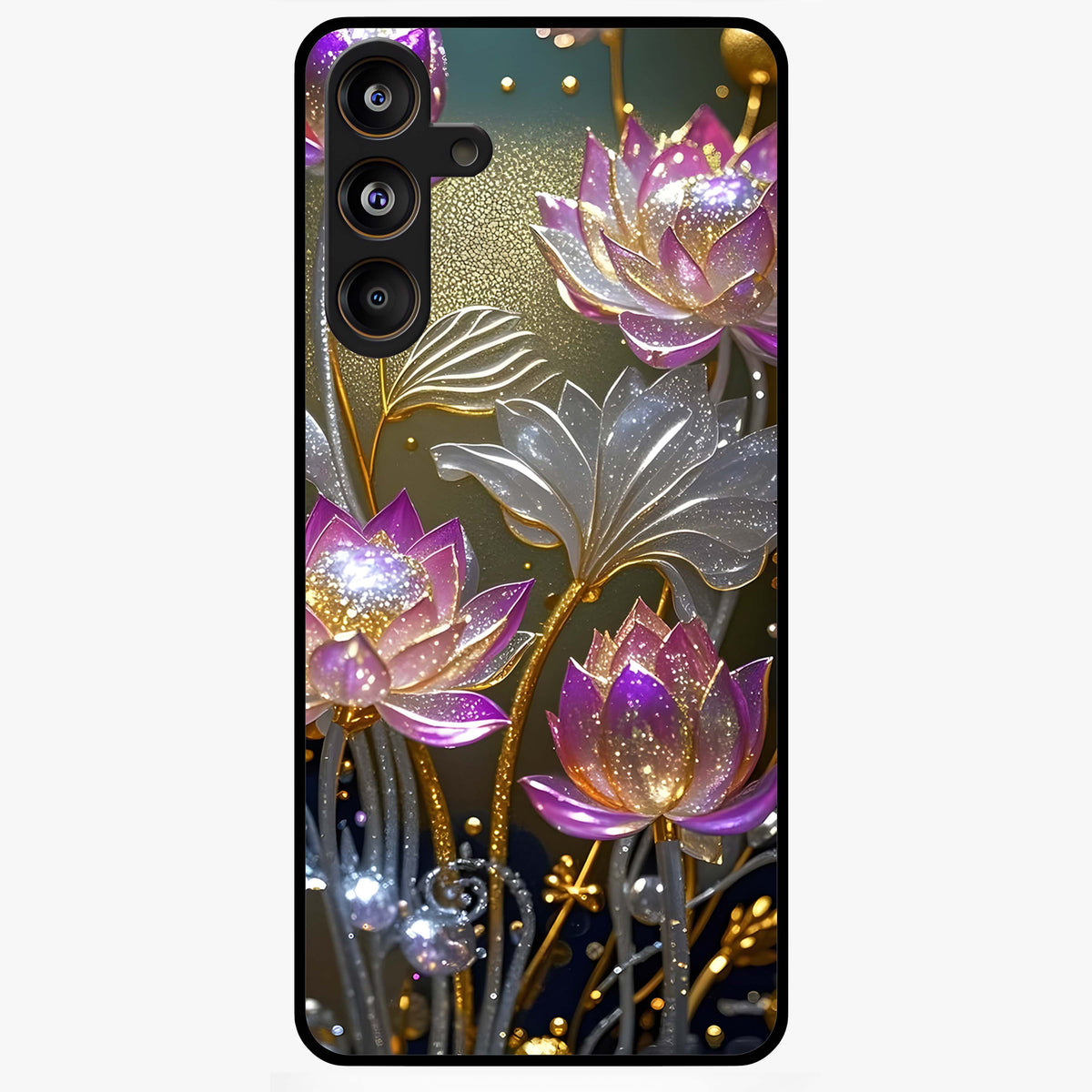 Golden Lotus Glow Glass Case showing flat back view with glowing lotus flower artwork and glossy glass finish.