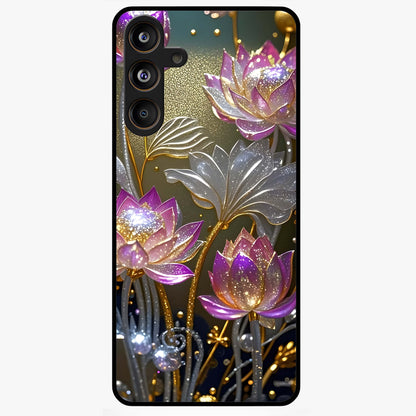 Golden Lotus Glow Glass Case showing flat back view with glowing lotus flower artwork and glossy glass finish.