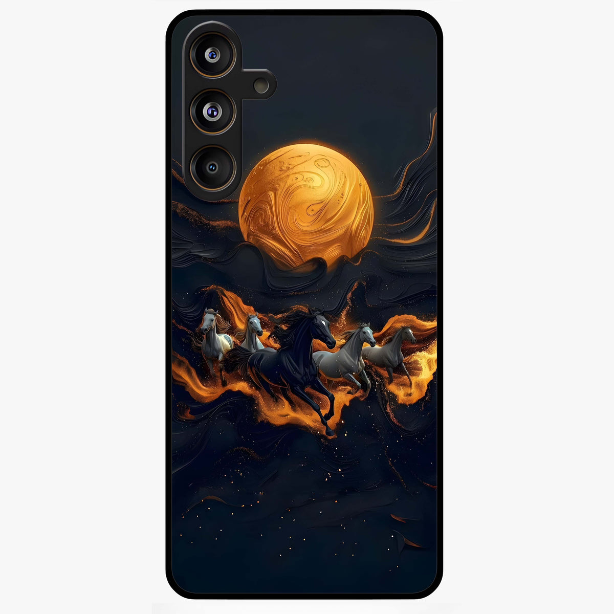 Golden Stallion Moonride Glass Case showing flat back view with majestic horse under moonlight artwork and glossy glass finish.