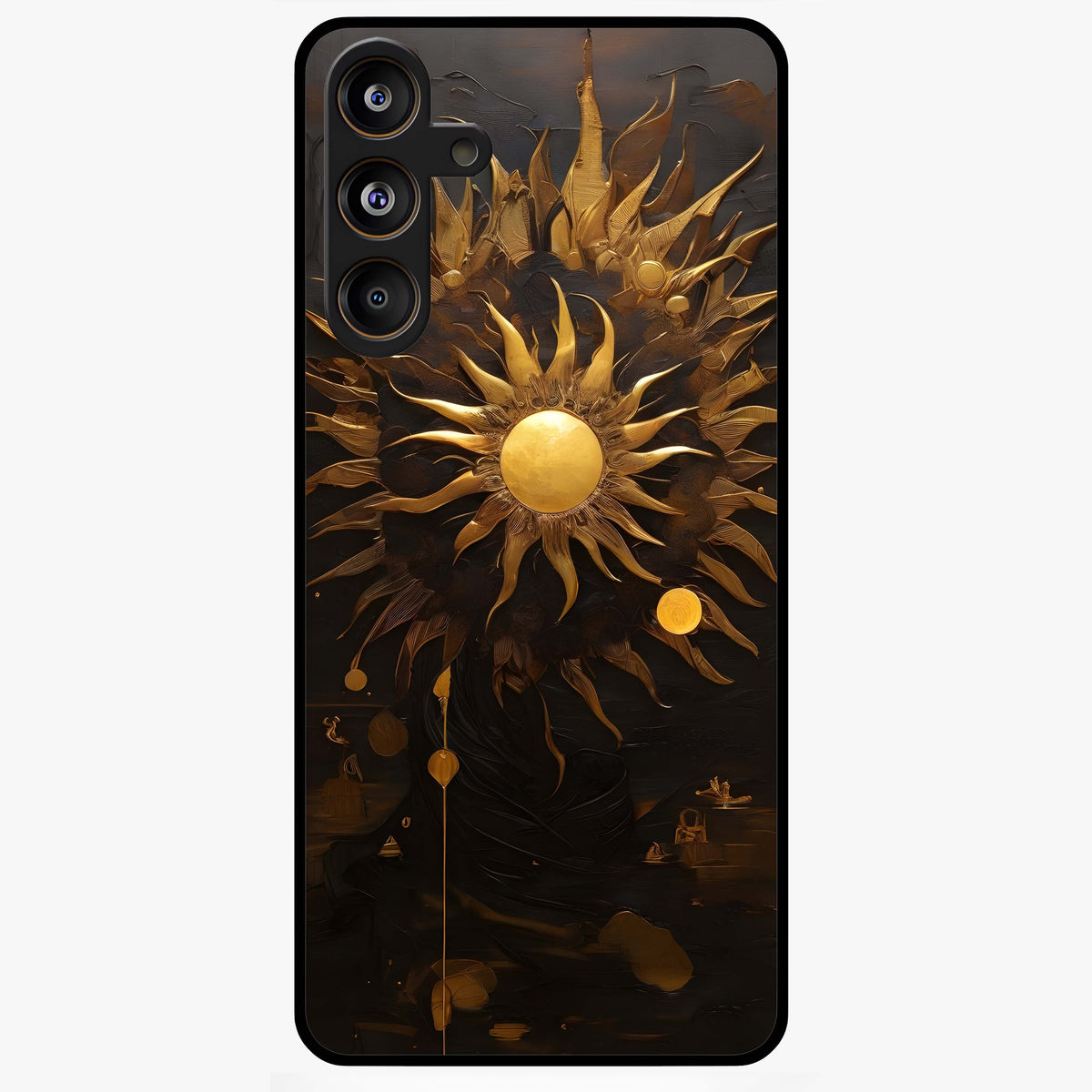 Golden Sun Majesty Glass Case showing flat back view with radiant golden sun artwork and glossy glass finish.