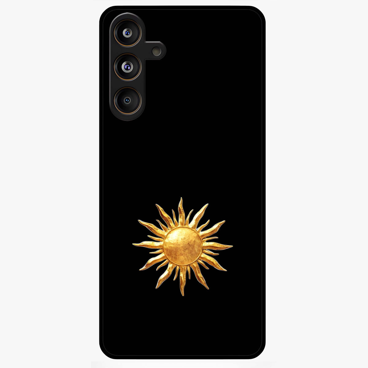 Golden Sun Minimalism Glass Case showing flat back view with minimal golden sun artwork and glossy glass finish.