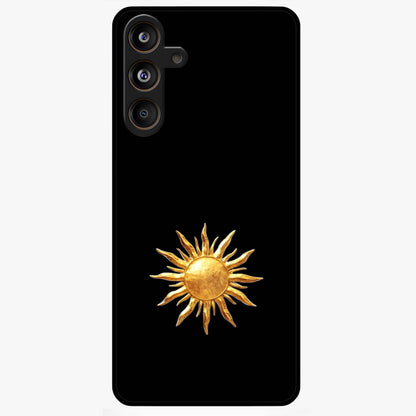 Golden Sun Minimalism Glass Case showing flat back view with minimal golden sun artwork and glossy glass finish.