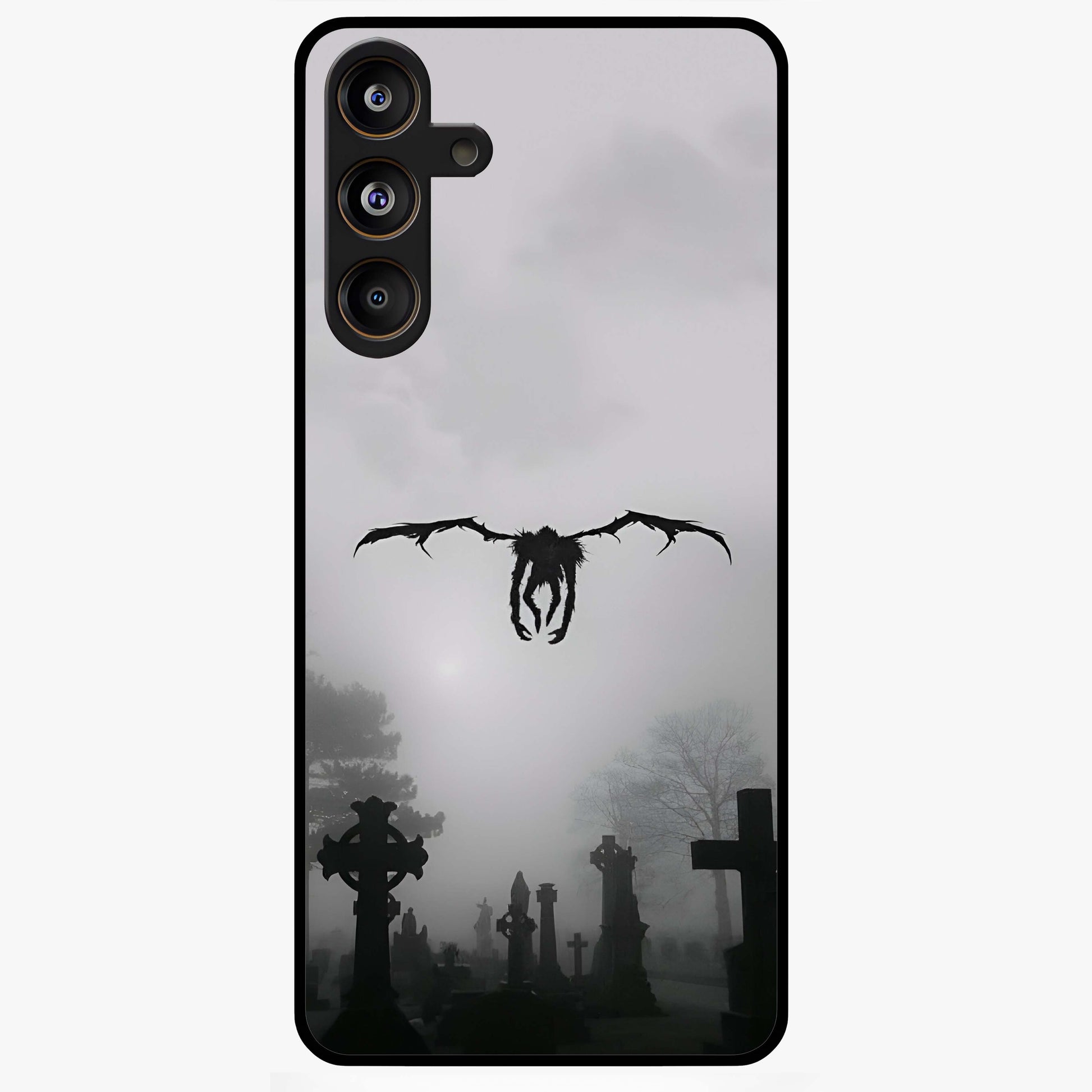 Graveyard Shadow Descent Glass Case showing flat back view with dark graveyard themed artwork and glossy glass finish.