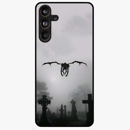Graveyard Shadow Descent Glass Case showing flat back view with dark graveyard themed artwork and glossy glass finish.