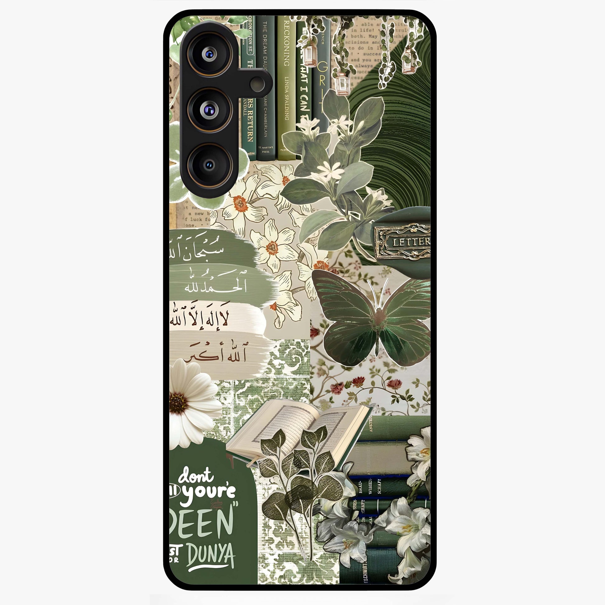 Green Islamic Books Quotes Glass Case showing flat back view with Islamic quotes and book themed artwork and glossy glass finish.