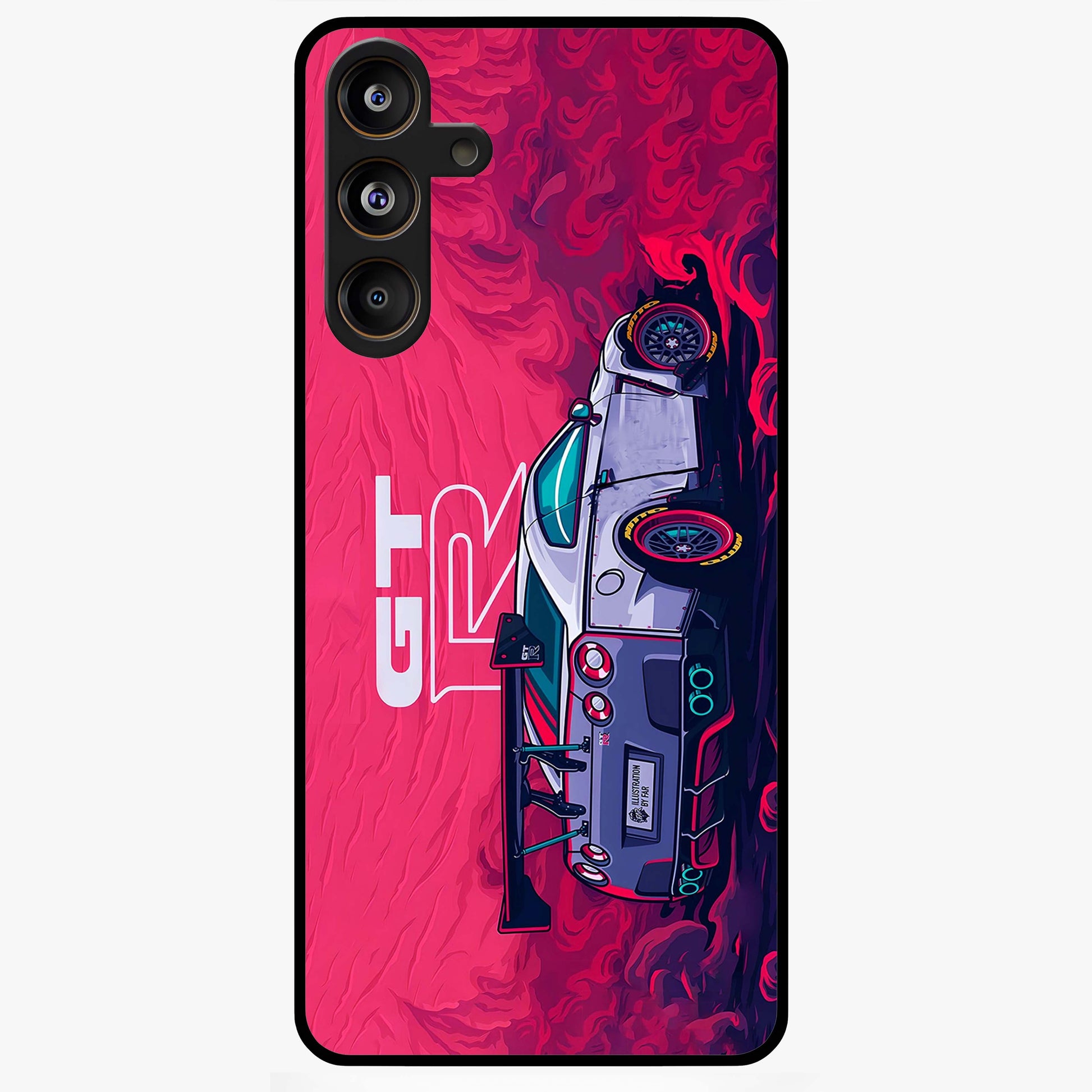GT-R Car Pattern Glass Case showing flat back view with sporty car inspired pattern artwork and glossy glass finish.