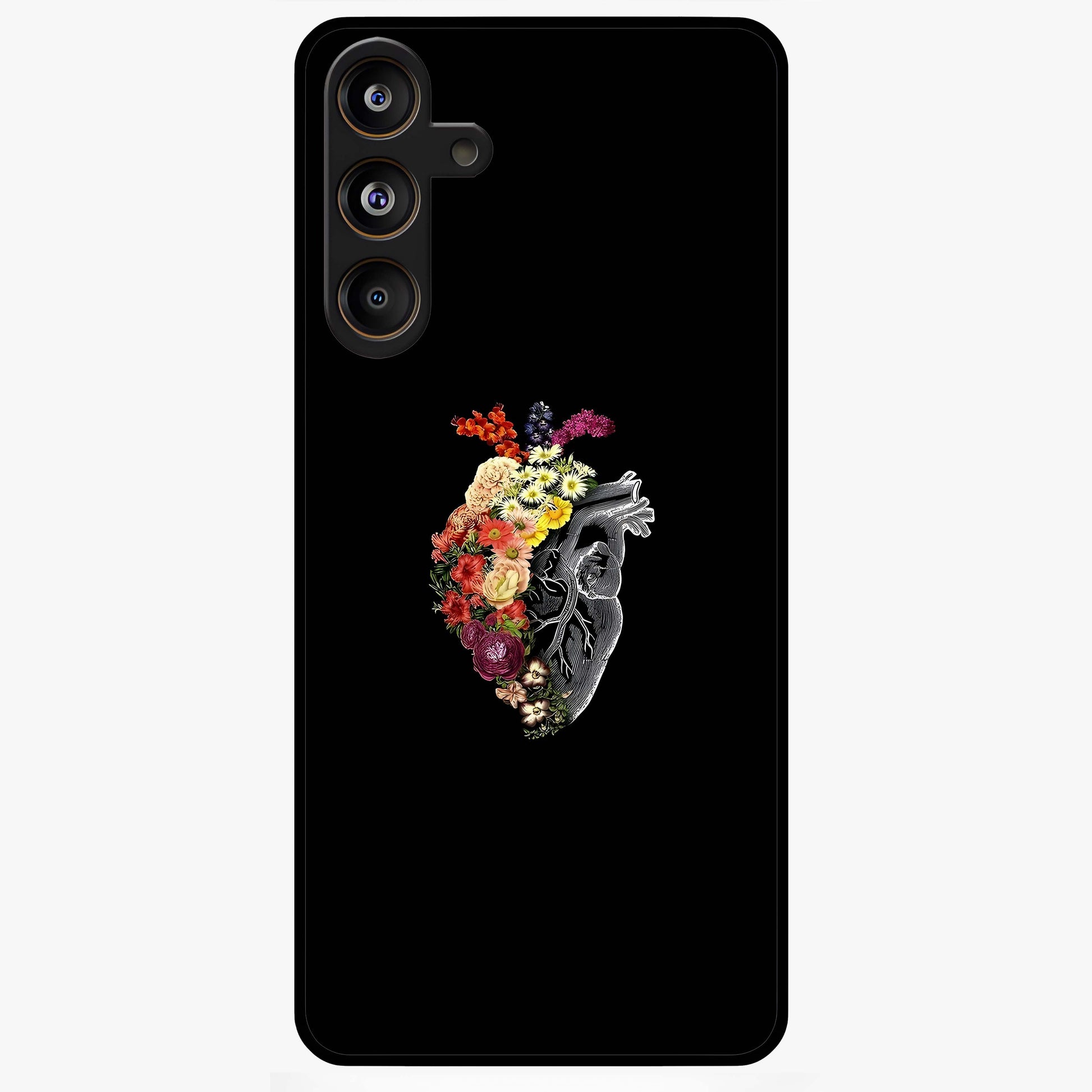 Heart With Flowers Glass Case showing flat back view with heart shaped floral artwork and glossy glass finish.