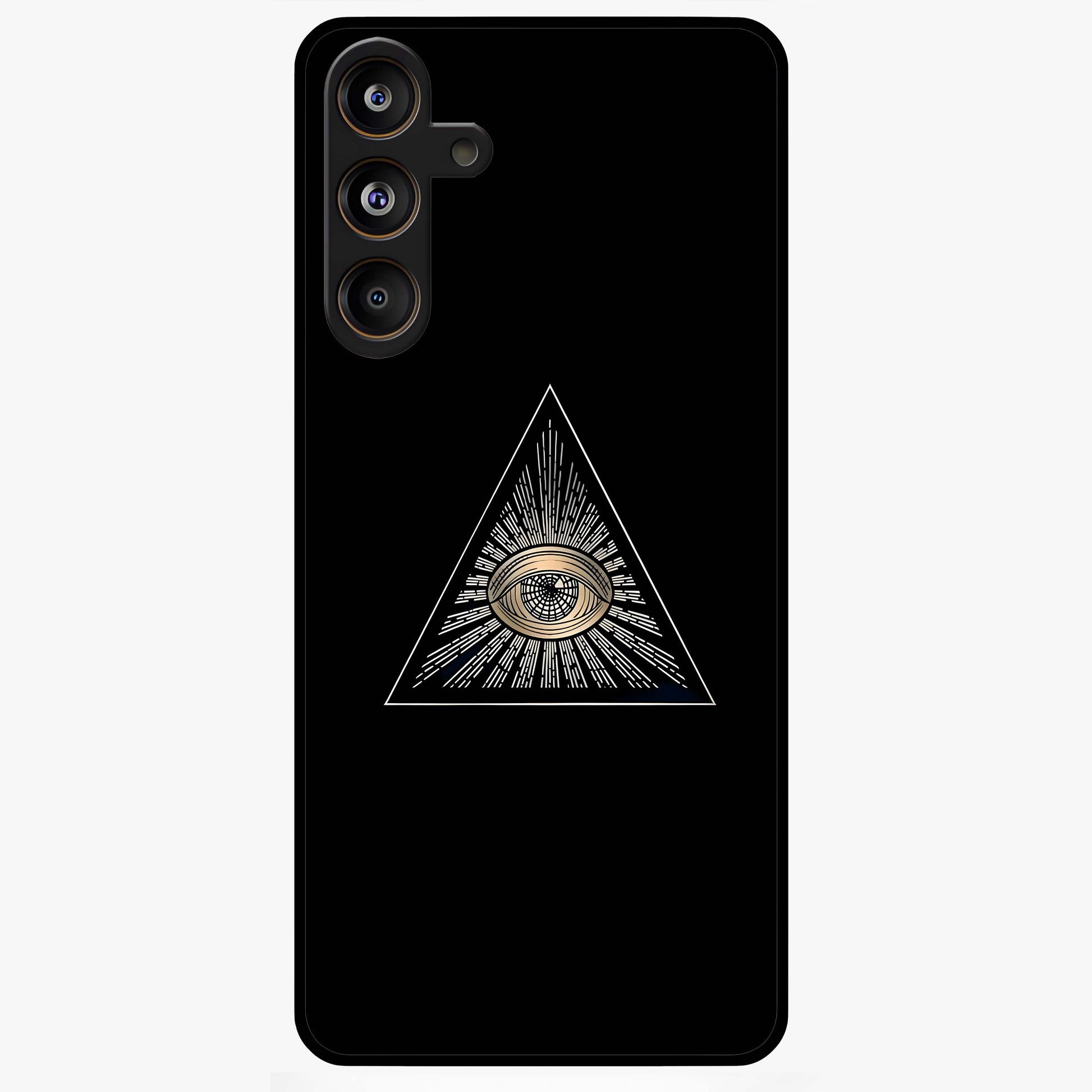 Illuminati Evil Glass Case showing flat back view with mysterious illuminati symbol artwork and glossy glass finish.