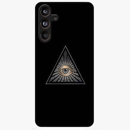 Illuminati Evil Glass Case showing flat back view with mysterious illuminati symbol artwork and glossy glass finish.