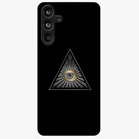 Illuminati Evil Glass Case showing flat back view with mysterious illuminati symbol artwork and glossy glass finish.