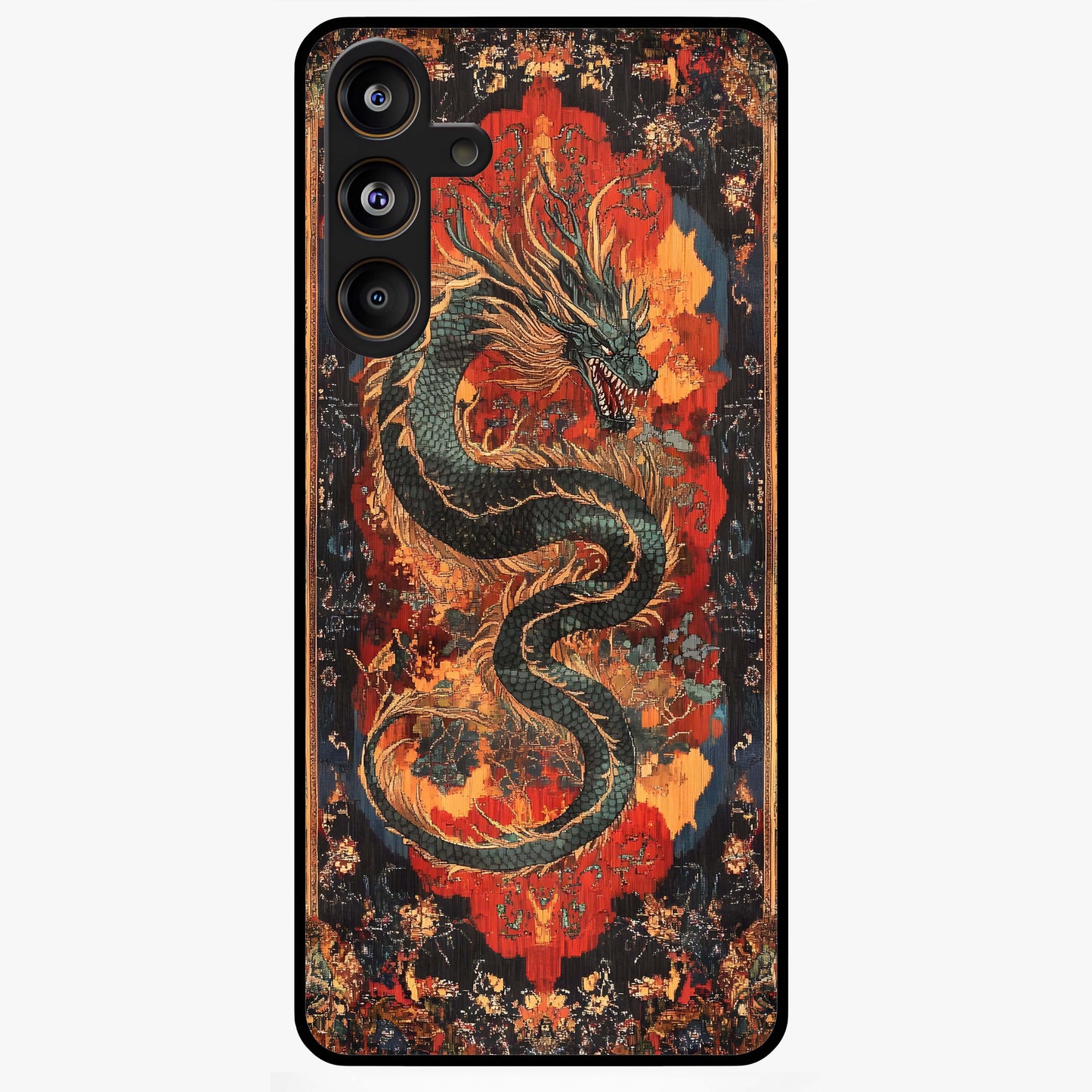 Inferno Dragon Soul Glass Case showing flat back view with fiery dragon artwork and glossy glass finish.