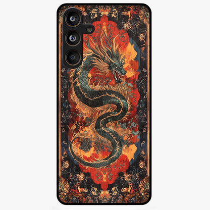Inferno Dragon Soul Glass Case showing flat back view with fiery dragon artwork and glossy glass finish.