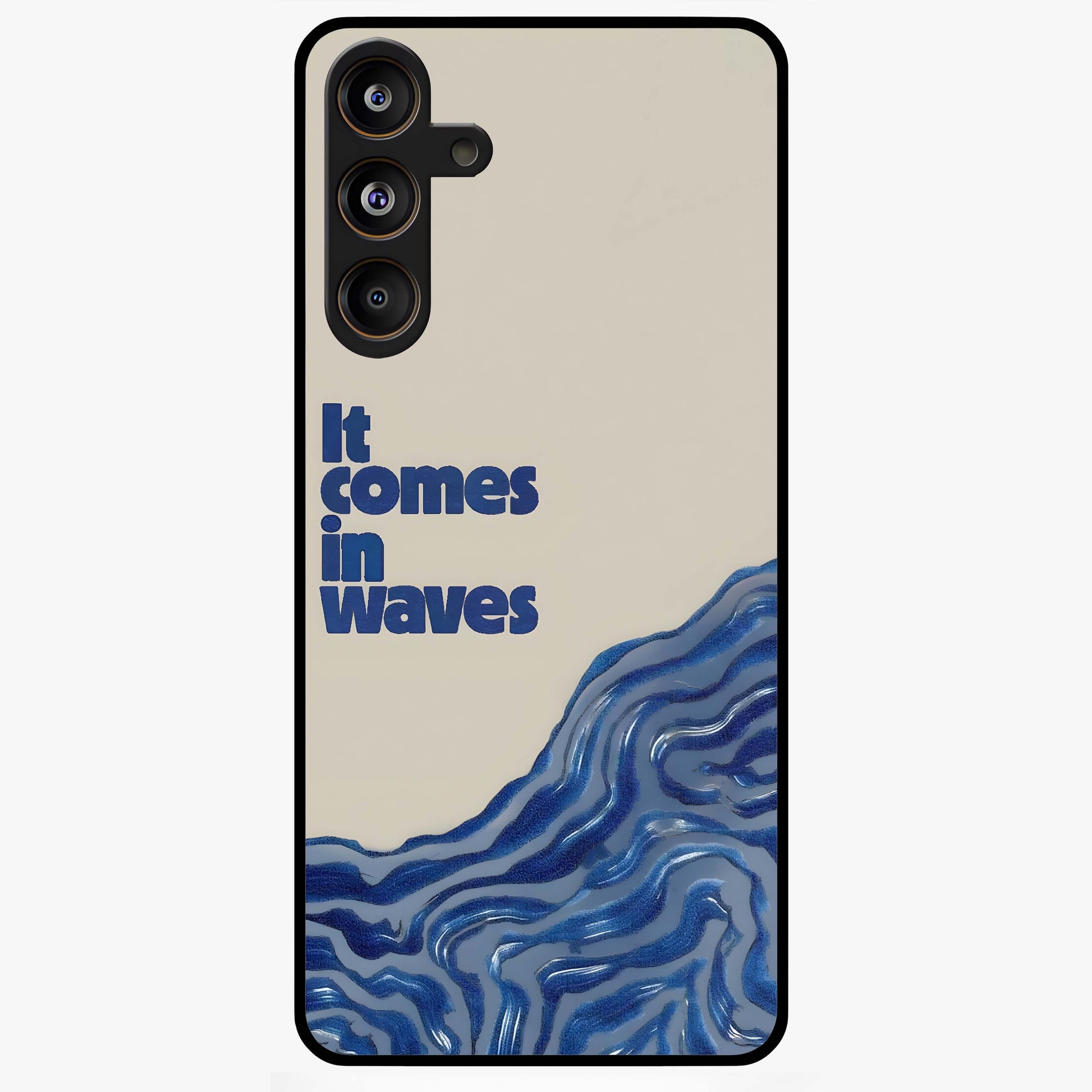 It Comes In Waves Quote Glass Case showing flat back view with inspirational wave themed quote artwork and glossy glass finish.