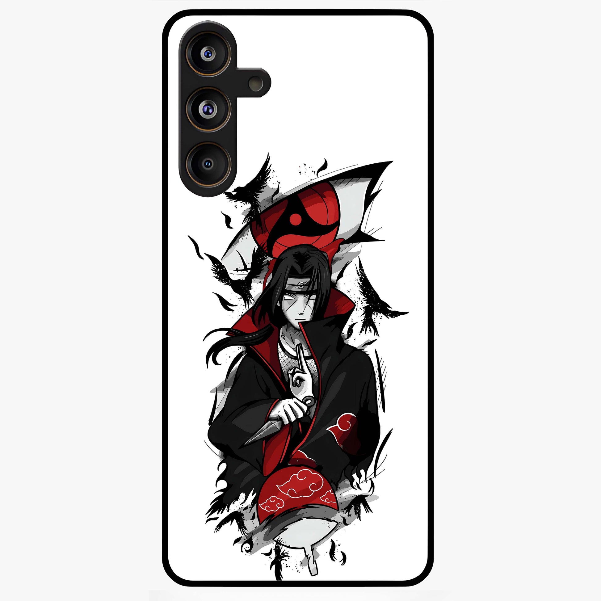 Itachi Sharingan Glass Case showing flat back view with powerful anime eye artwork and glossy glass finish.
