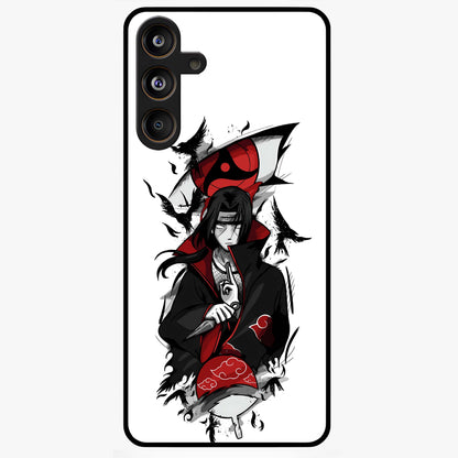 Itachi Sharingan Glass Case showing flat back view with powerful anime eye artwork and glossy glass finish.