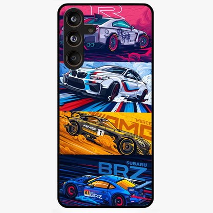 JDM Sports Car Glass Case showing flat back view with high performance sports car artwork and glossy glass finish.