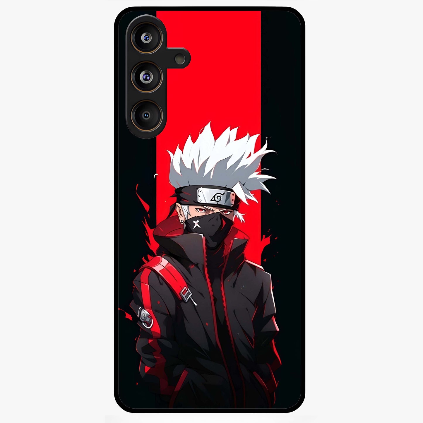 Kakashi Scarlet Shadow Glass Case showing flat back view with powerful anime ninja artwork and glossy glass finish.