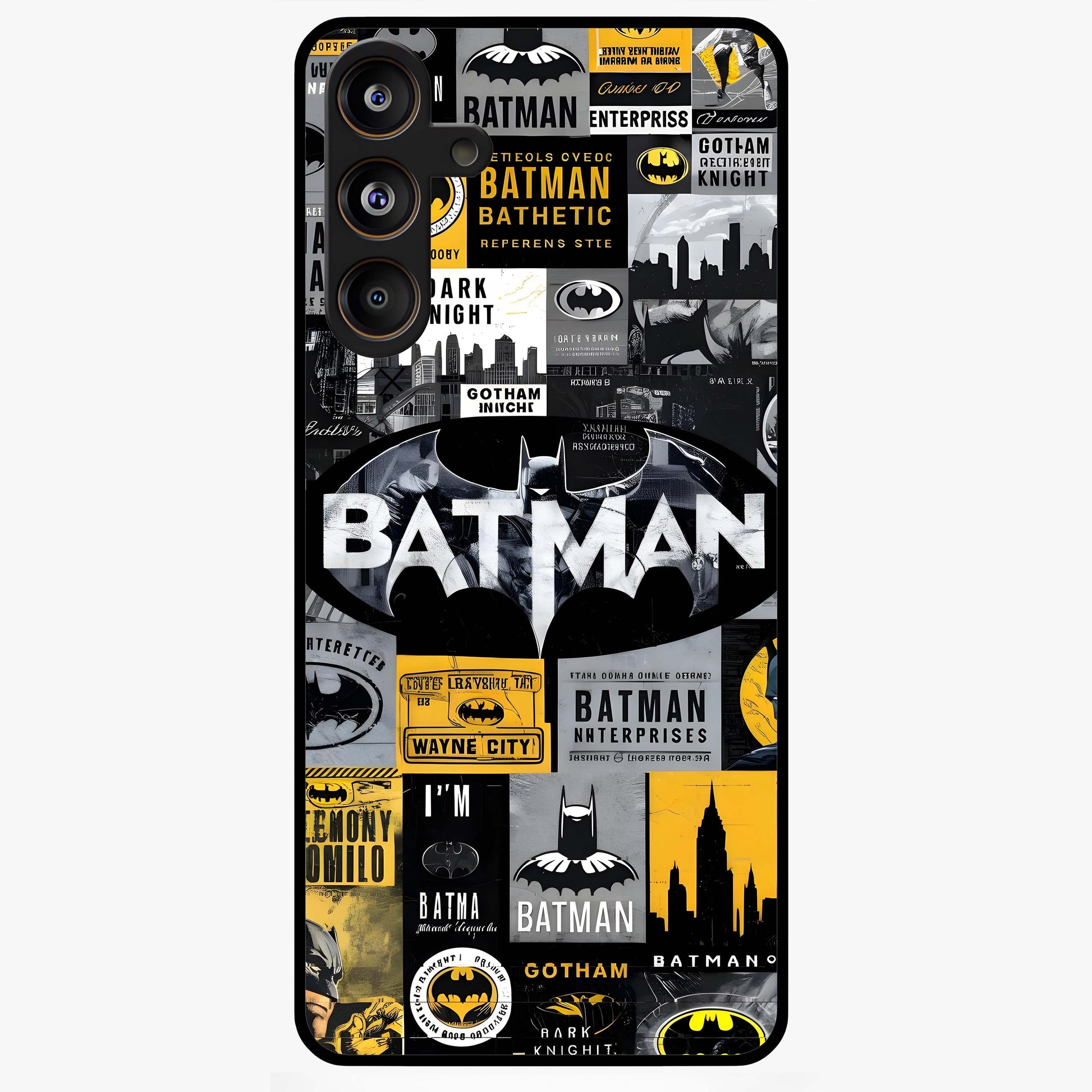 Knight Gotham Rise Glass Case showing flat back view with dark hero inspired artwork and glossy glass finish.