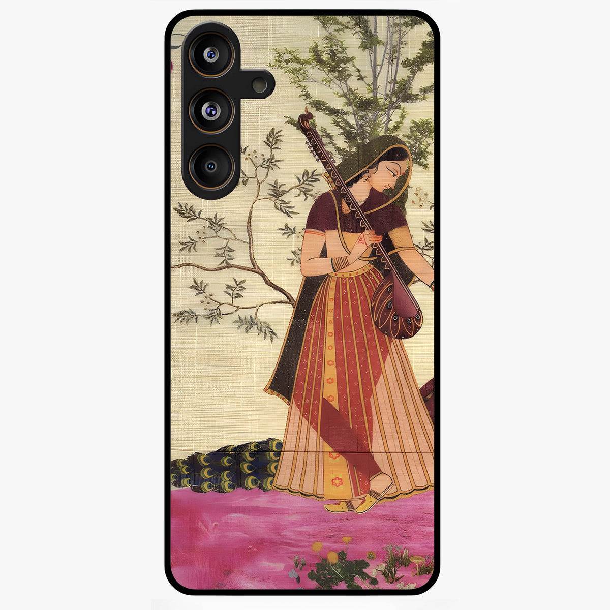 Lady With Veena Art Glass Case showing flat back view with elegant woman playing veena artwork and glossy glass finish.