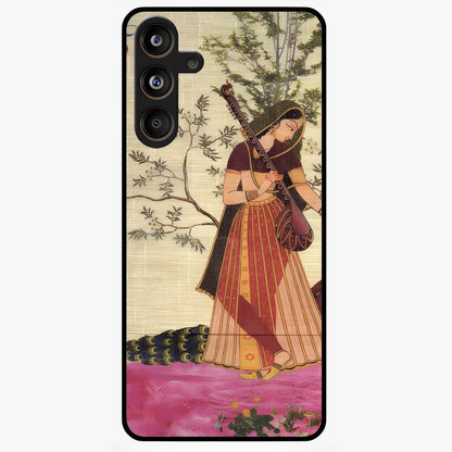 Lady With Veena Art Glass Case showing flat back view with elegant woman playing veena artwork and glossy glass finish.