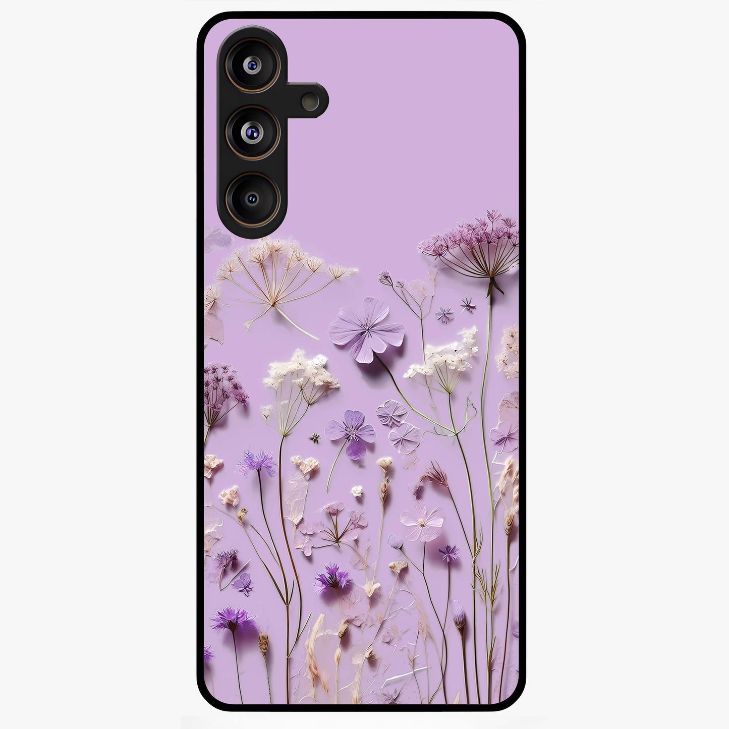 Lavender Blossom Dream Glass Case showing flat back view with soft lavender floral artwork and glossy glass finish.