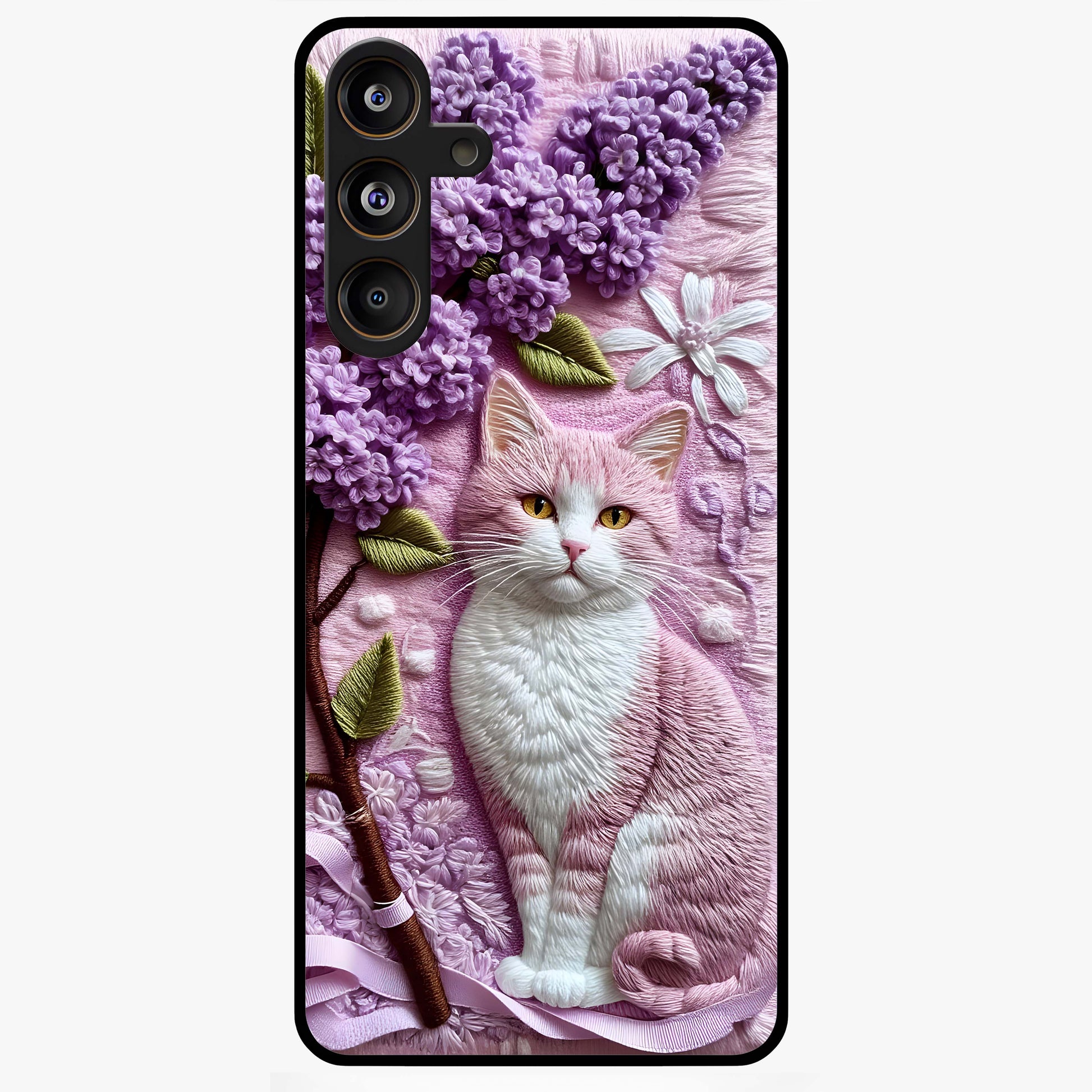 Lavender Cat Whimsy Glass Case showing flat back view with cute lavender cat artwork and glossy glass finish.