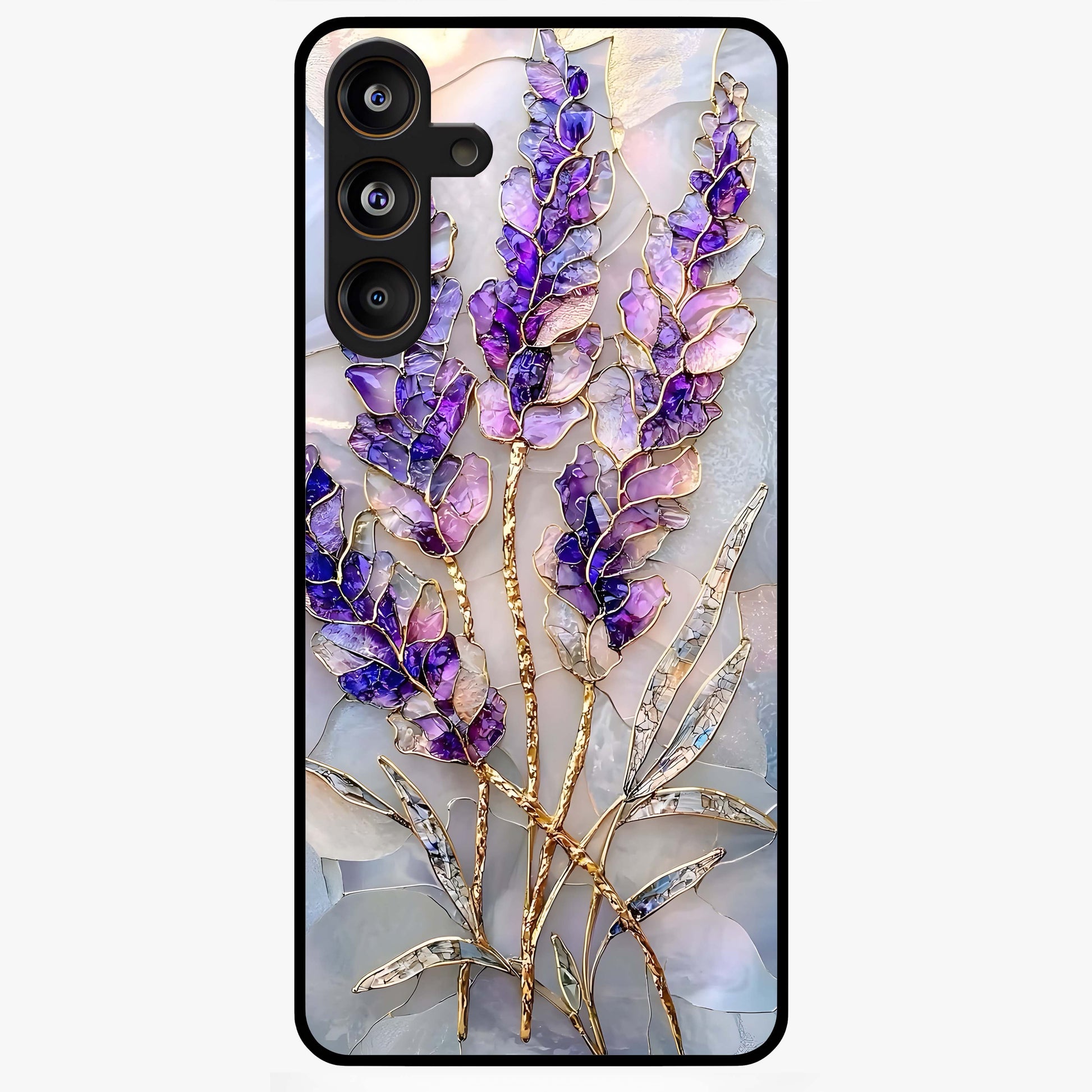 Lavender Dream Glow Glass Case showing flat back view with glowing lavender aesthetic artwork and glossy glass finish.