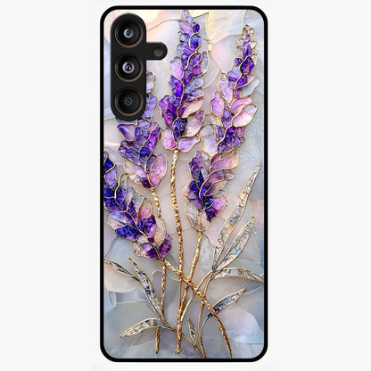Lavender Dream Glow Glass Case showing flat back view with glowing lavender aesthetic artwork and glossy glass finish.