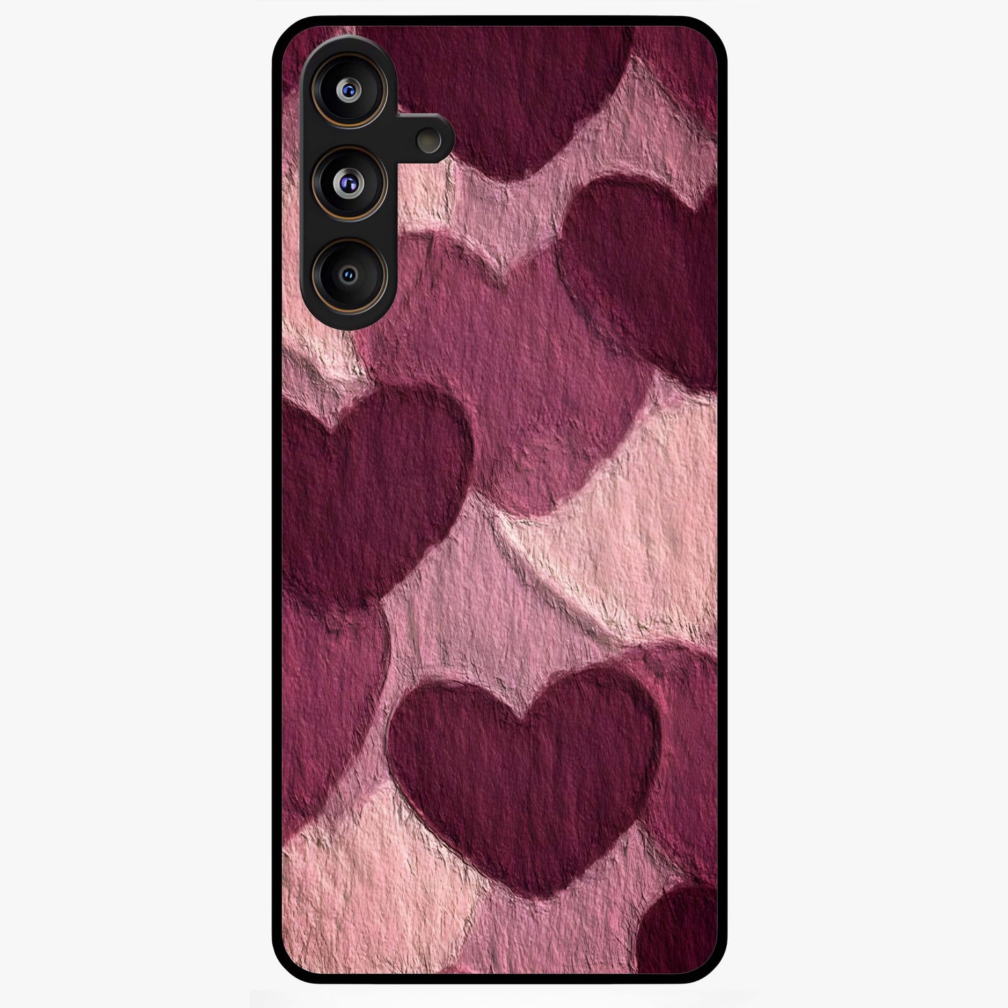 Layered Paper Hearts Glass Case showing flat back view with layered paper heart artwork and glossy glass finish.