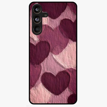 Layered Paper Hearts Glass Case showing flat back view with layered paper heart artwork and glossy glass finish.