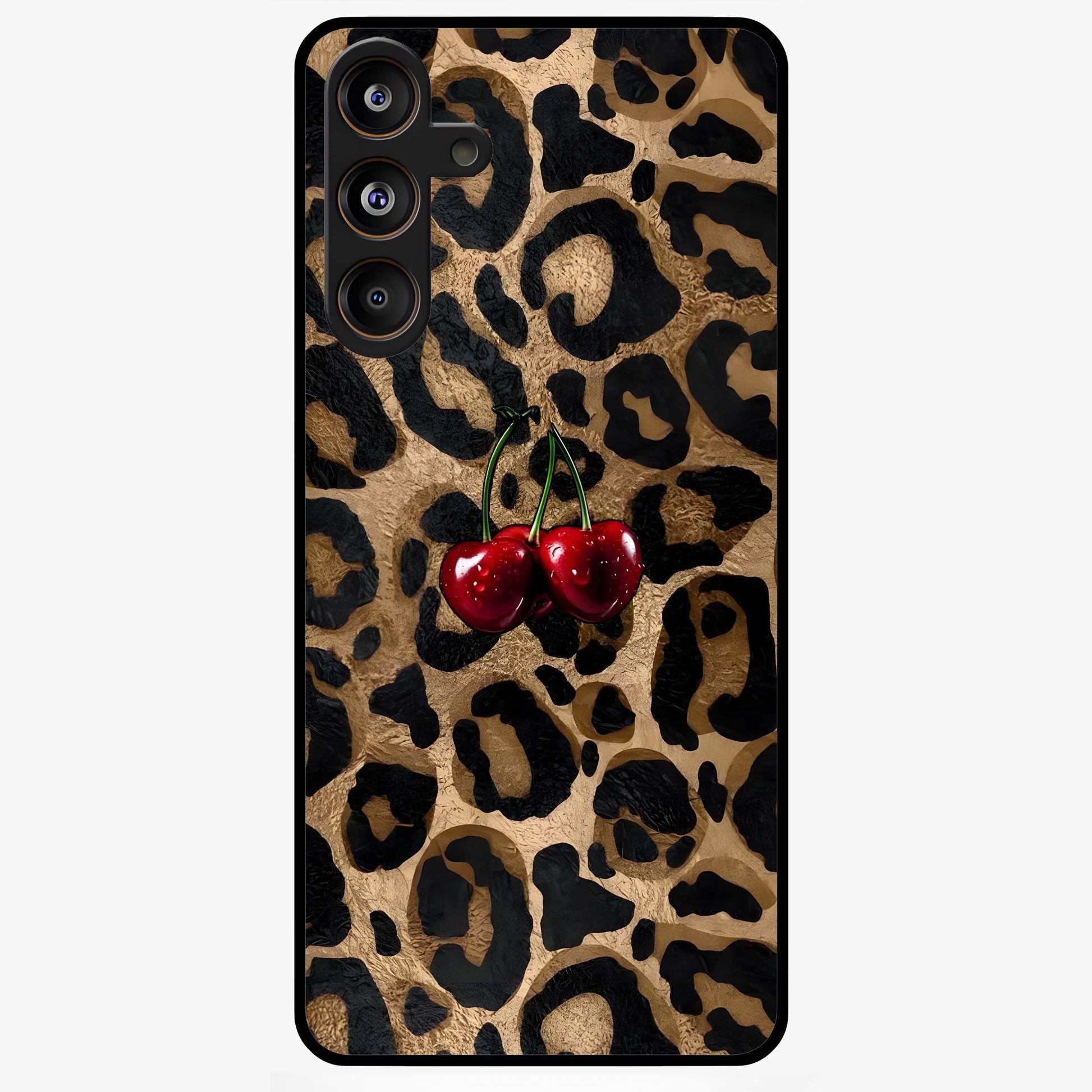 Leopard Wild Cherry Glass Case showing flat back view with leopard pattern and cherry artwork and glossy glass finish.