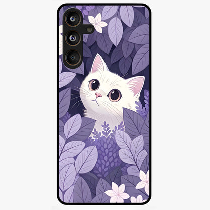 Lilac Hide Peek Cat Glass Case showing flat back view with cute peeking cat artwork and glossy glass finish.