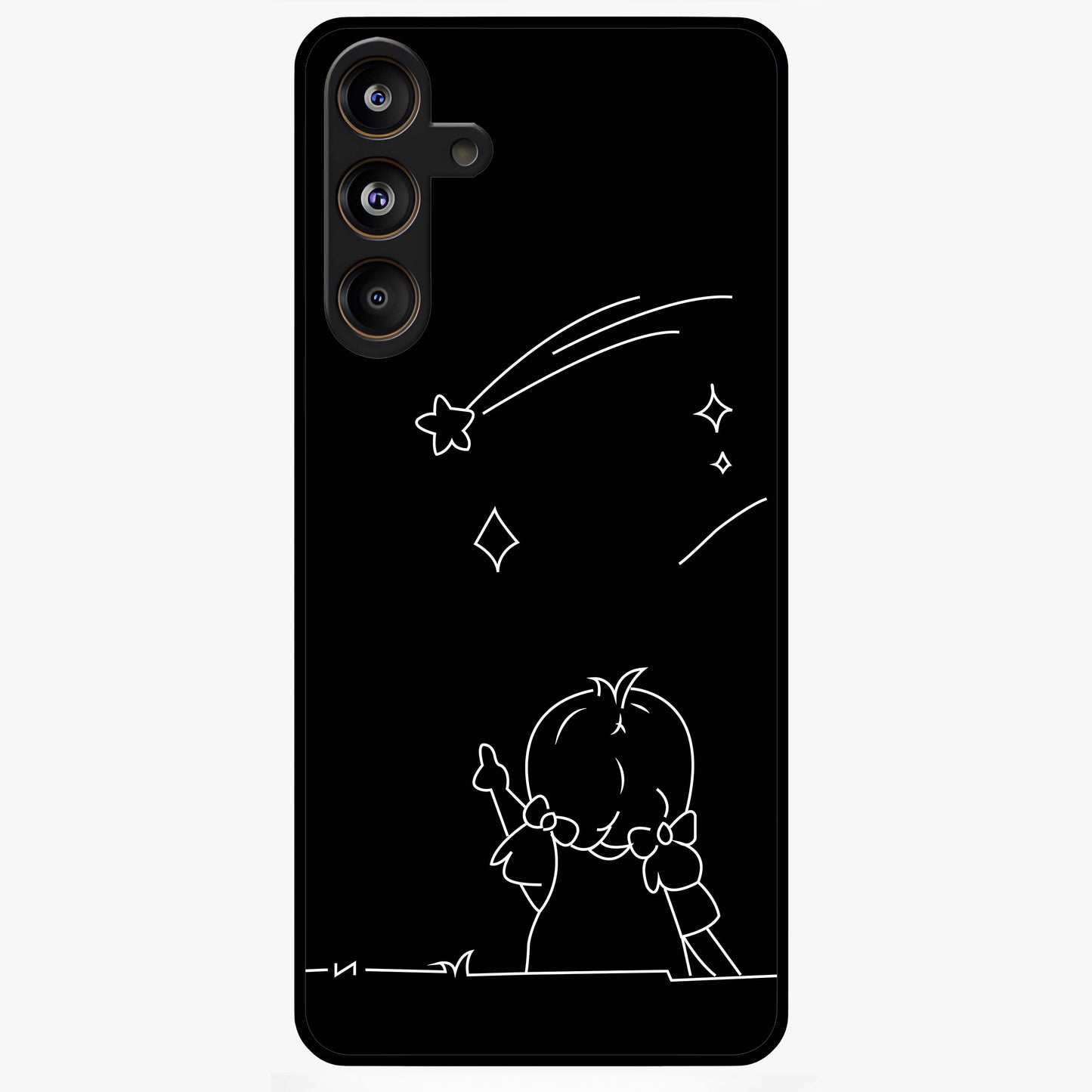 Line Art Girl With Shooting Stars Glass Case showing flat back view with minimal line art girl and shooting stars illustration and glossy glass finish.