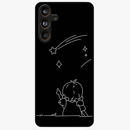 Line Art Girl With Shooting Stars Glass Case showing flat back view with minimal line art girl and shooting stars illustration and glossy glass finish.