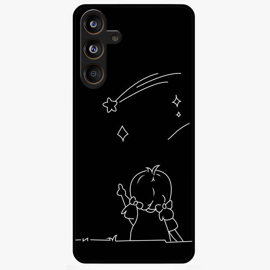 Line Art Girl With Shooting Stars Glass Case showing flat back view with minimal line art girl and shooting stars illustration and glossy glass finish.