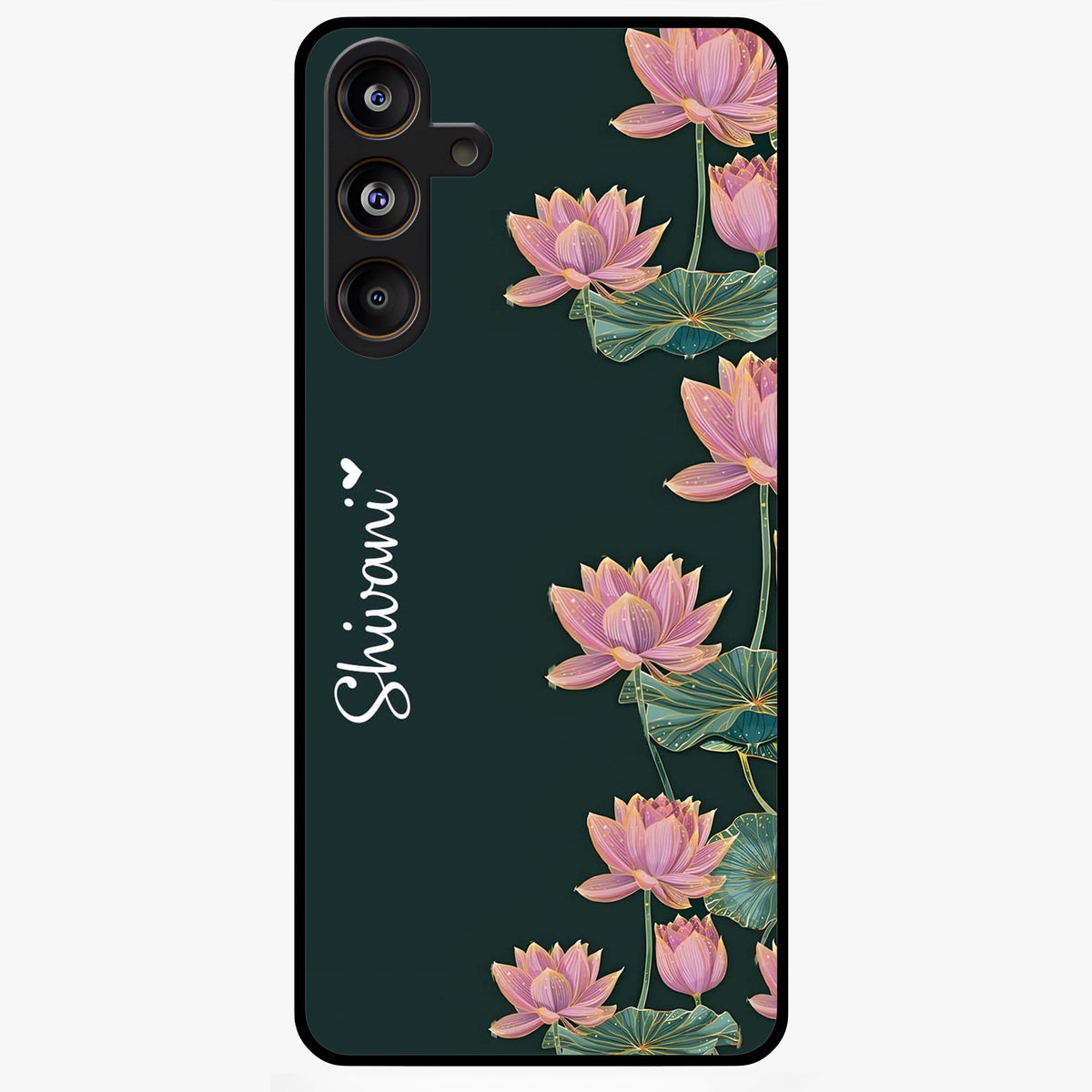 Lotus Bloom Serenity Custom Name Glass Case showing flat back view with elegant lotus flower artwork and personalized name design.