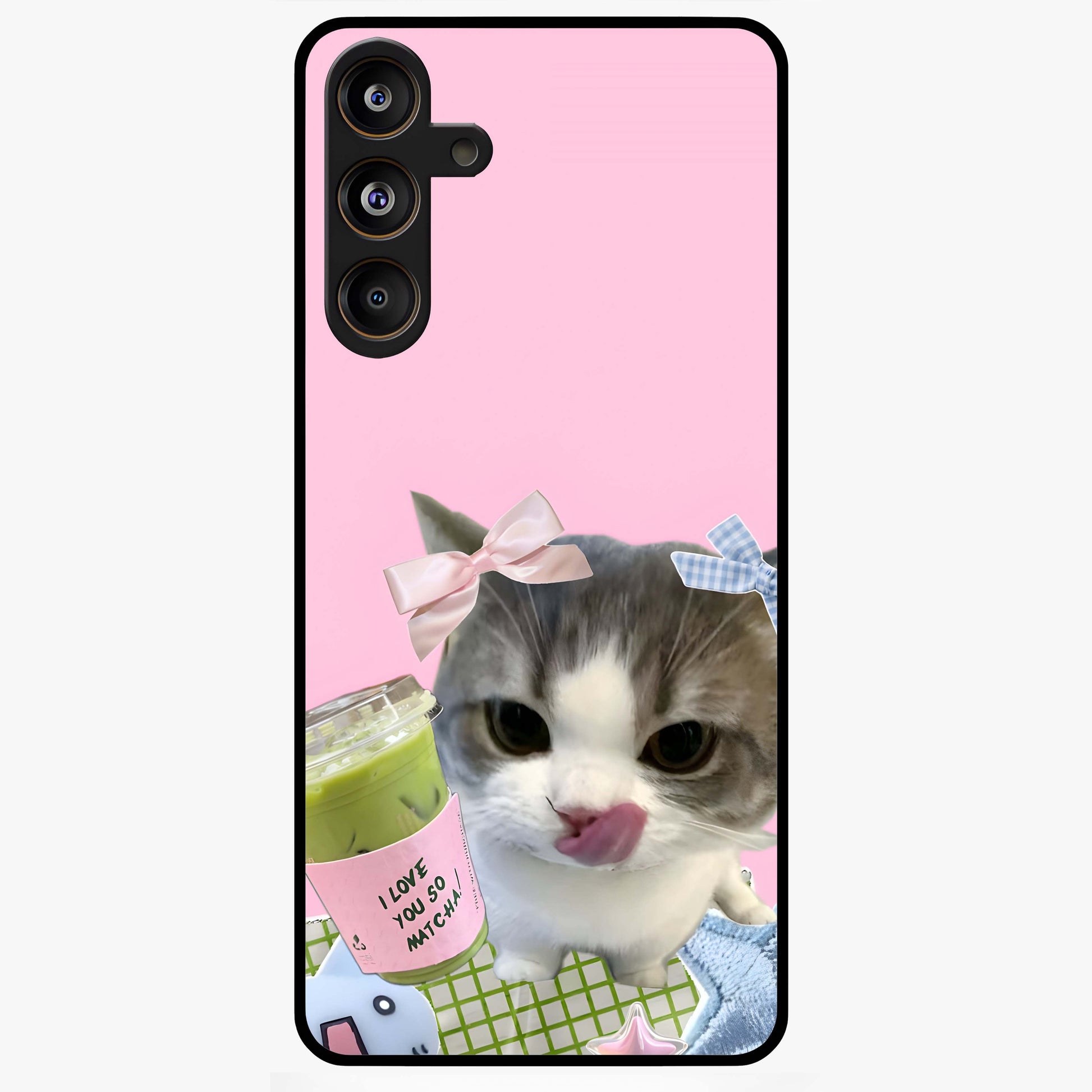 Love Matcha Cat Glass Case showing flat back view with cute cat and matcha themed artwork and glossy glass finish.