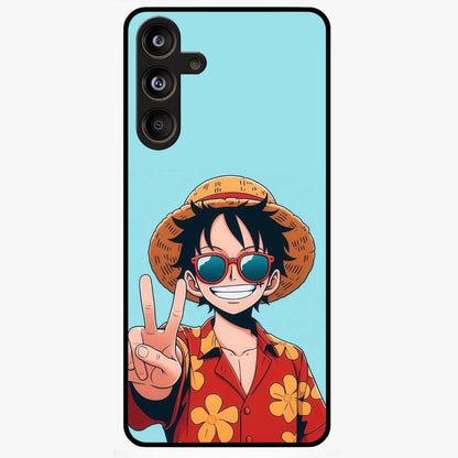 Luffy Summer Anime Vibe Glass Case showing flat back view with vibrant anime character artwork and glossy glass finish.