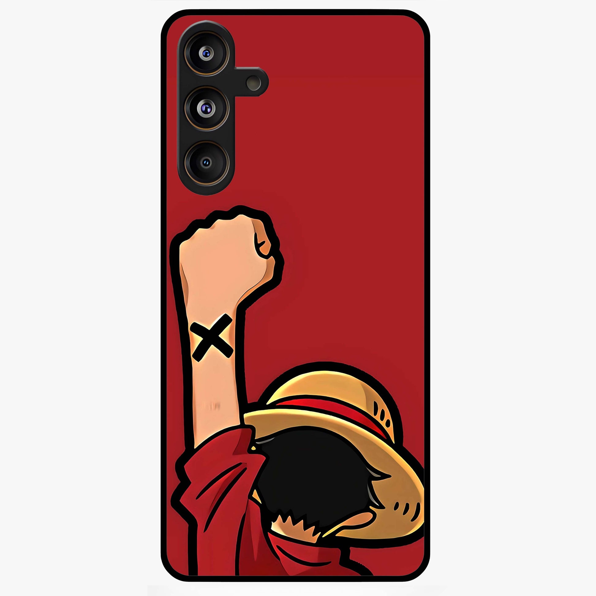 Luffy X Spirit Glass Case showing flat back view with bold anime character artwork and glossy glass finish.